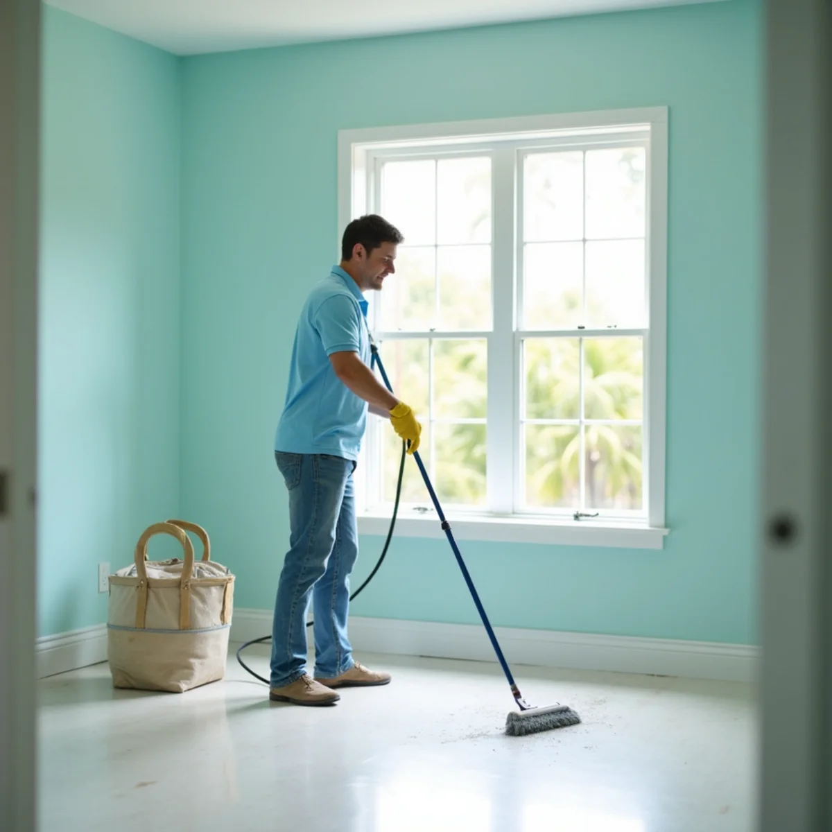 Freshly remodeled Florida room getting a light post-construction clean by Krystal View