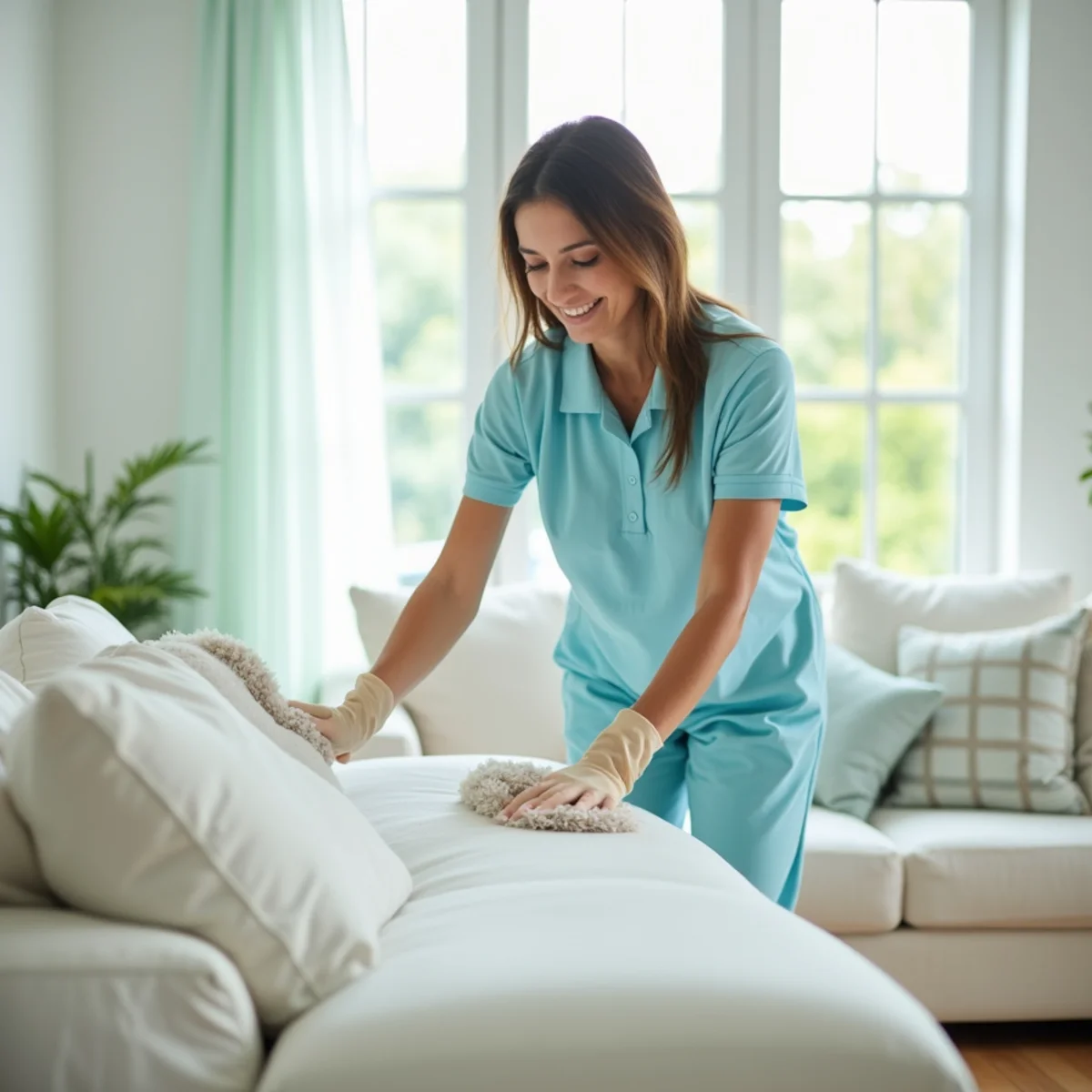 Krystal View Cleaning team tidying a bright, freshly cleaned Florida living room